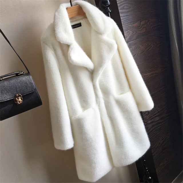 Bella Philosophy Women Mink Faux Fur Coat Solid Female Turn Down Collar Winter Warm Fake Fur Lady Coat Casual Jacket