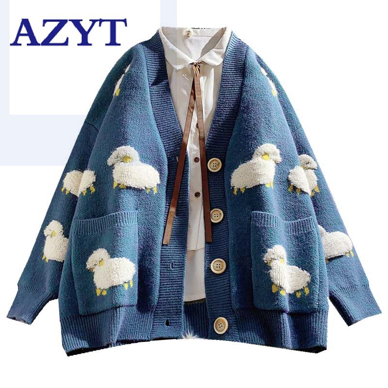 2020 Autumn New Knit Female Cardigan Loose Streetwear Knit Sweater Coat Cute Cartoon Print V Neck knitted cardigan Women Jacket