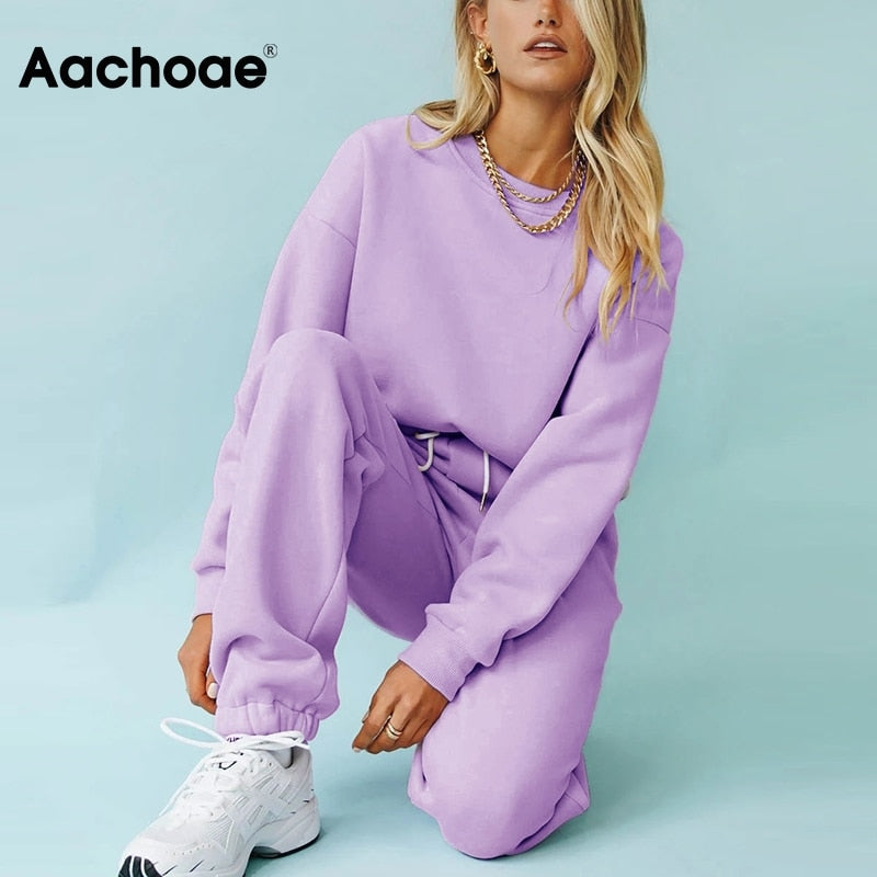 Aachoae Solid Casual Tracksuit Women Sports 2 Pieces Set Sweatshirts Pullover Hoodies Suit 2020 Home Sweatpants Shorts Outfits